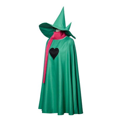 Deltarune Ralsei Cosplay Full Set, 3 Pieces Green Cloak, Wizard Hat & Pink Scarf, Halloween Game Role Play Costume