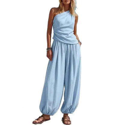 Summer Women Outfit Tank Top Pants Two Piece Set One-shoulder Sleeveless Shirt Solid Color Loose Casual Top Pants Suit