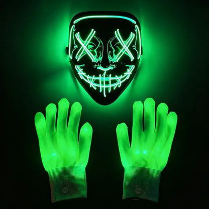 Wireless LED Neon Purge Mask & Fiber Optic Gloves, Scary Glow In Dark Mask for Halloween Carnival Cosplay Bar Birthday Party