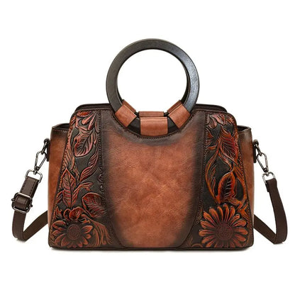 2026 New Vintage Chinese Leather Carved Leather Handbag Women Embossed Versatile Cheongsam One-shoulder Crossbody Mother Bag