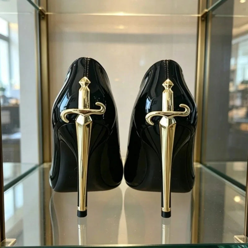 2026 New Red Sole High Heels Women's Thin Heel Pointed Toe Metal Sword Sexy Lady Black Painted Leather Single Shoes