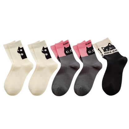5 Pairs Cartoon Cat Women Cotton Spring Summer Socks Set Autumn Female Lady Girls Middle Tube Cute Student Socks For Women Girl
