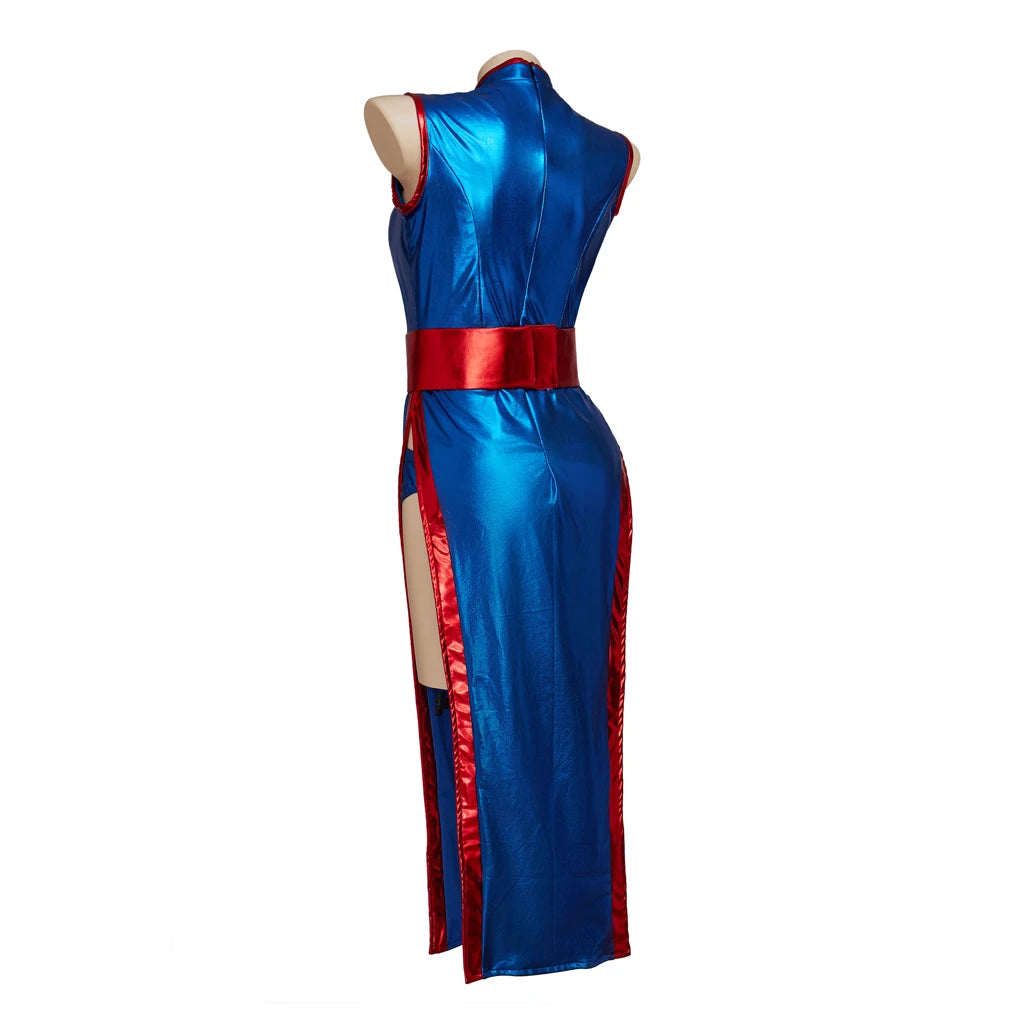 Anime Chichi Cosplay Costume High Split Cheongsam Woman's Sexy Blue Battle Suit Halloween Party KongFu Dress