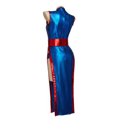 Anime Chichi Cosplay Costume High Split Cheongsam Woman's Sexy Blue Battle Suit Halloween Party KongFu Dress