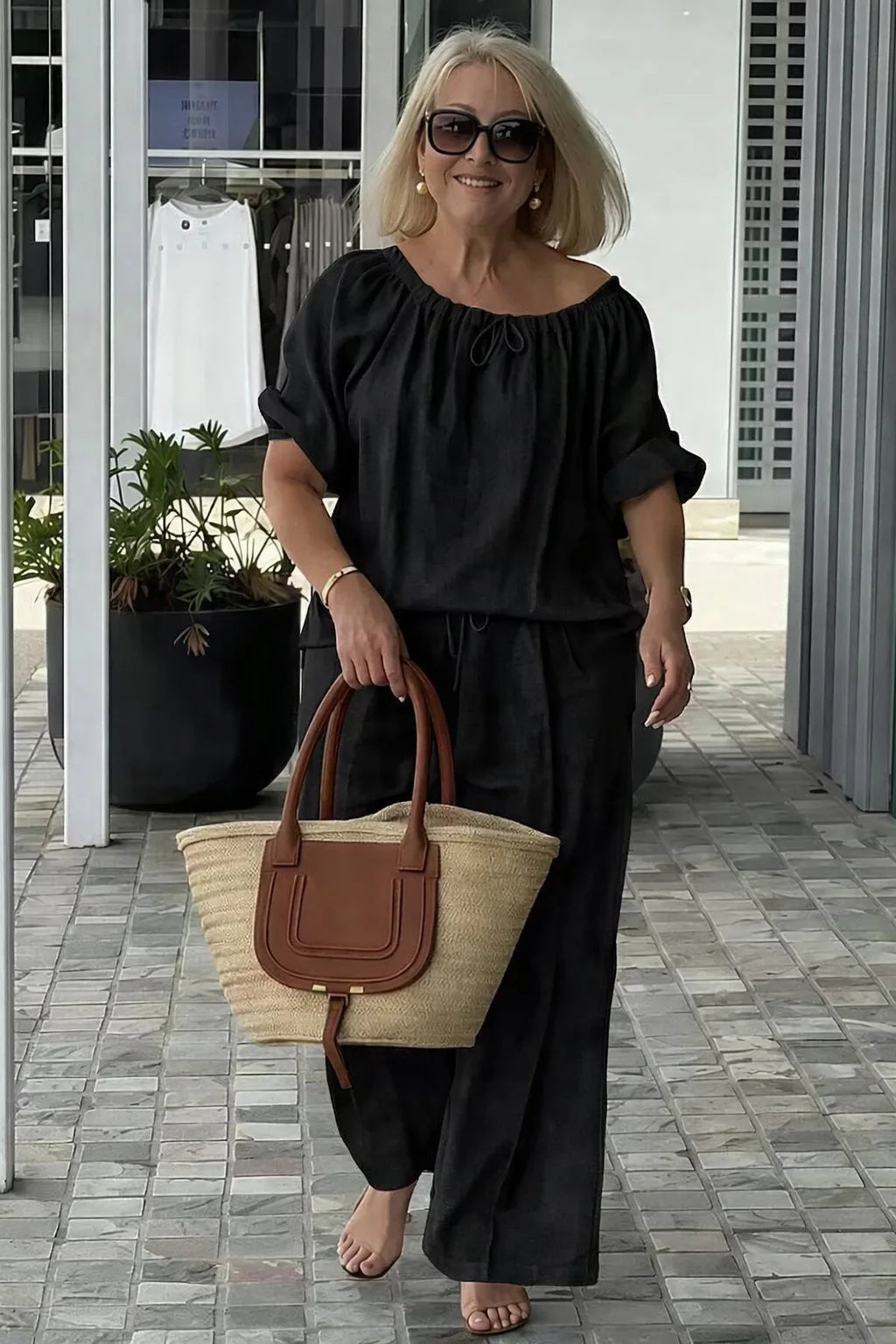 Fashion Casual Woman 2 Piece Set Outfit New Spring And Summer Women's Loose Drawstring Round Neck Top And Pants Two-piece Set