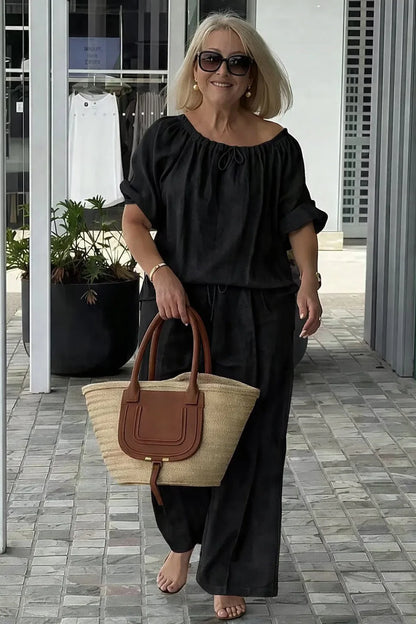 Fashion Casual Woman 2 Piece Set Outfit New Spring And Summer Women's Loose Drawstring Round Neck Top And Pants Two-piece Set