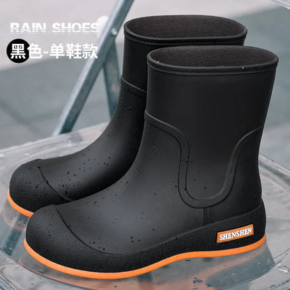 Fashionable women's rain boots for outdoor wear, mid-calf waterproof and anti-slip rubber shoes for kitchen work, water boots