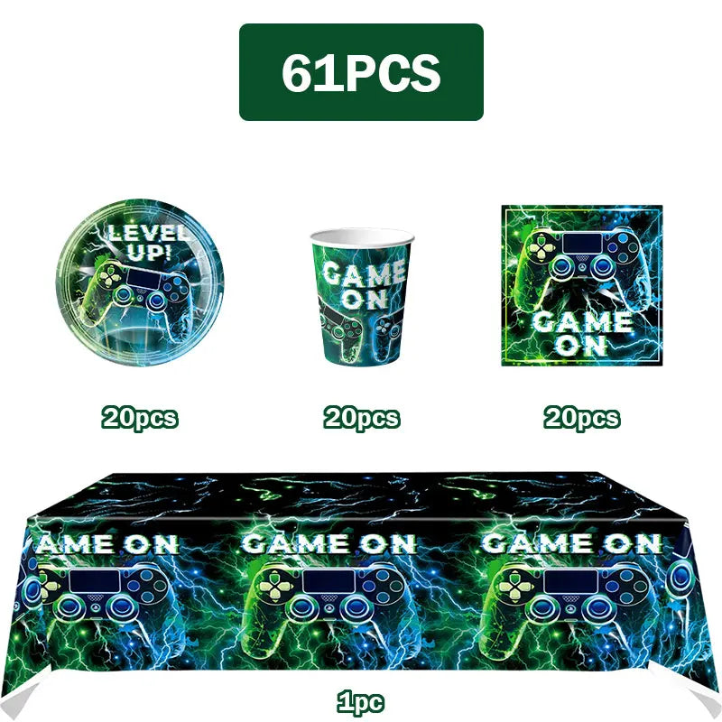 Happy Video Game Themed Birthday Party Decorations Set Tableware Plates Cups Cake Topper Gift Bags Banner Party Supplies Favors