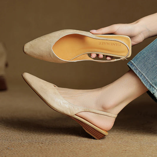 2025 New Summer Women Mules Genuine Leather Women Shoes Pointed Toe Low Heel Cover Toe Modern Women Sandals Ladies Shoes