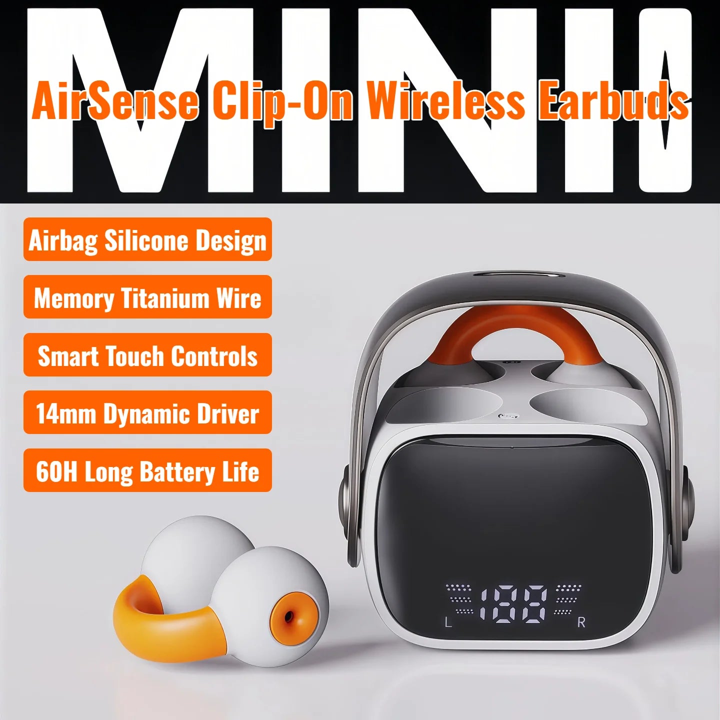 Ear Clip Bluetooth 5.3 Earbuds 60 Hours Playtime Open Ear Wireless Headphones Sports Running Cycling Driving Sweatproof Secure Fit 360° Stereo Sound