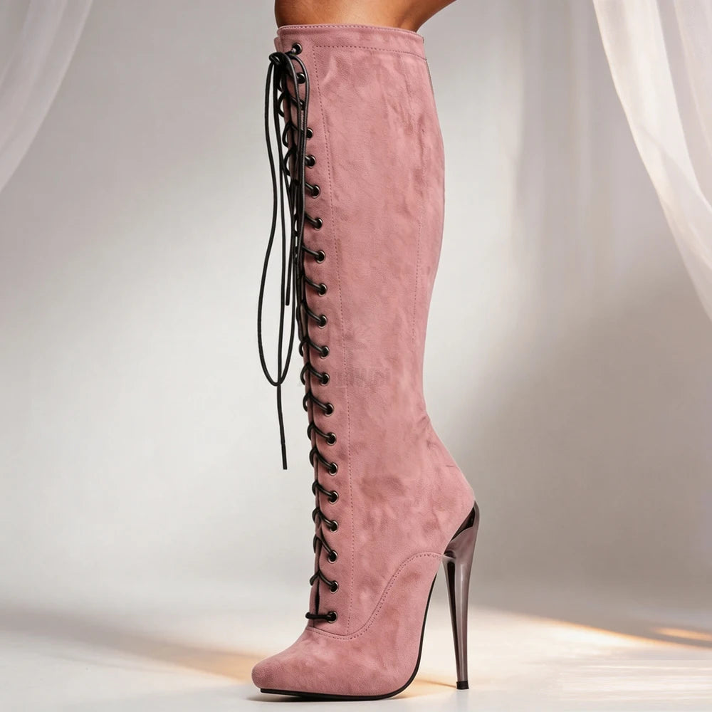 Unisex Purple Suede Lace-Up Knee High Boots 15cm/6" Stiletto Heel Sexy Nightclub Pole Dancing Cosplay Shoes Plus Size 36-46
