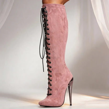 Unisex Purple Suede Lace-Up Knee High Boots 15cm/6" Stiletto Heel Sexy Nightclub Pole Dancing Cosplay Shoes Plus Size 36-46