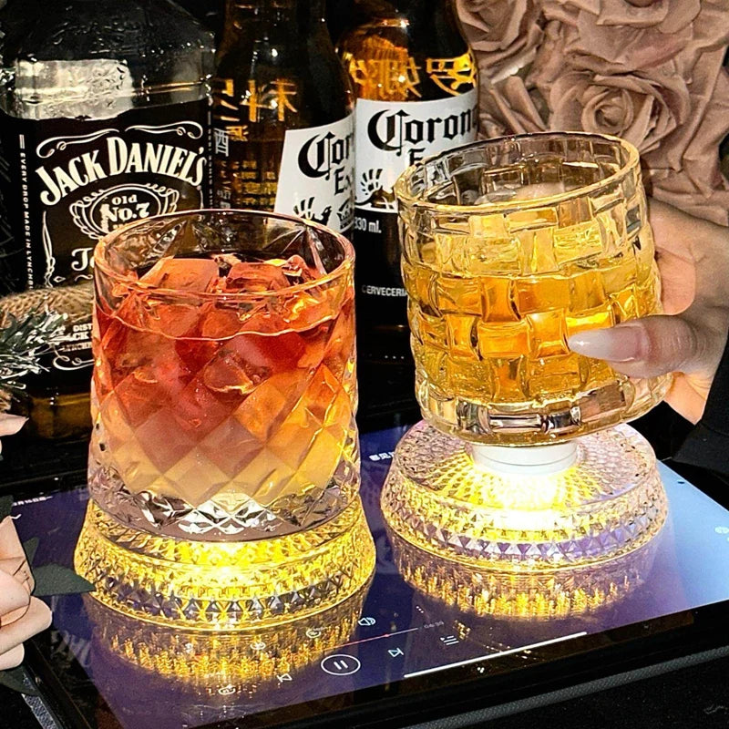Luminous Rotating Whiskey Glass Glowing Rotation Wine Cup LED Lighted Drinking Cups Bar Glasses for Whiske, Cocktails, Tea