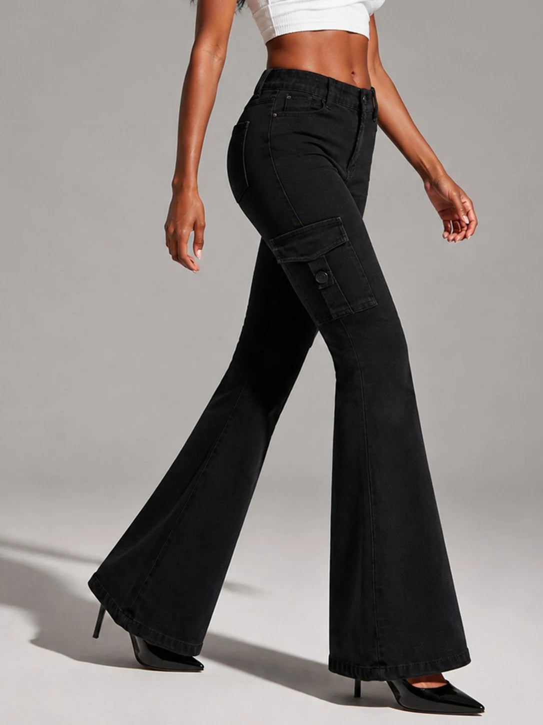 Women's High-quality Stretch Vintage Washed Cargo Flare Jeans, Y2K Style, Casual and Versatile, Suitable for All Seasons