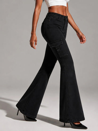 Women's High-quality Stretch Vintage Washed Cargo Flare Jeans, Y2K Style, Casual and Versatile, Suitable for All Seasons