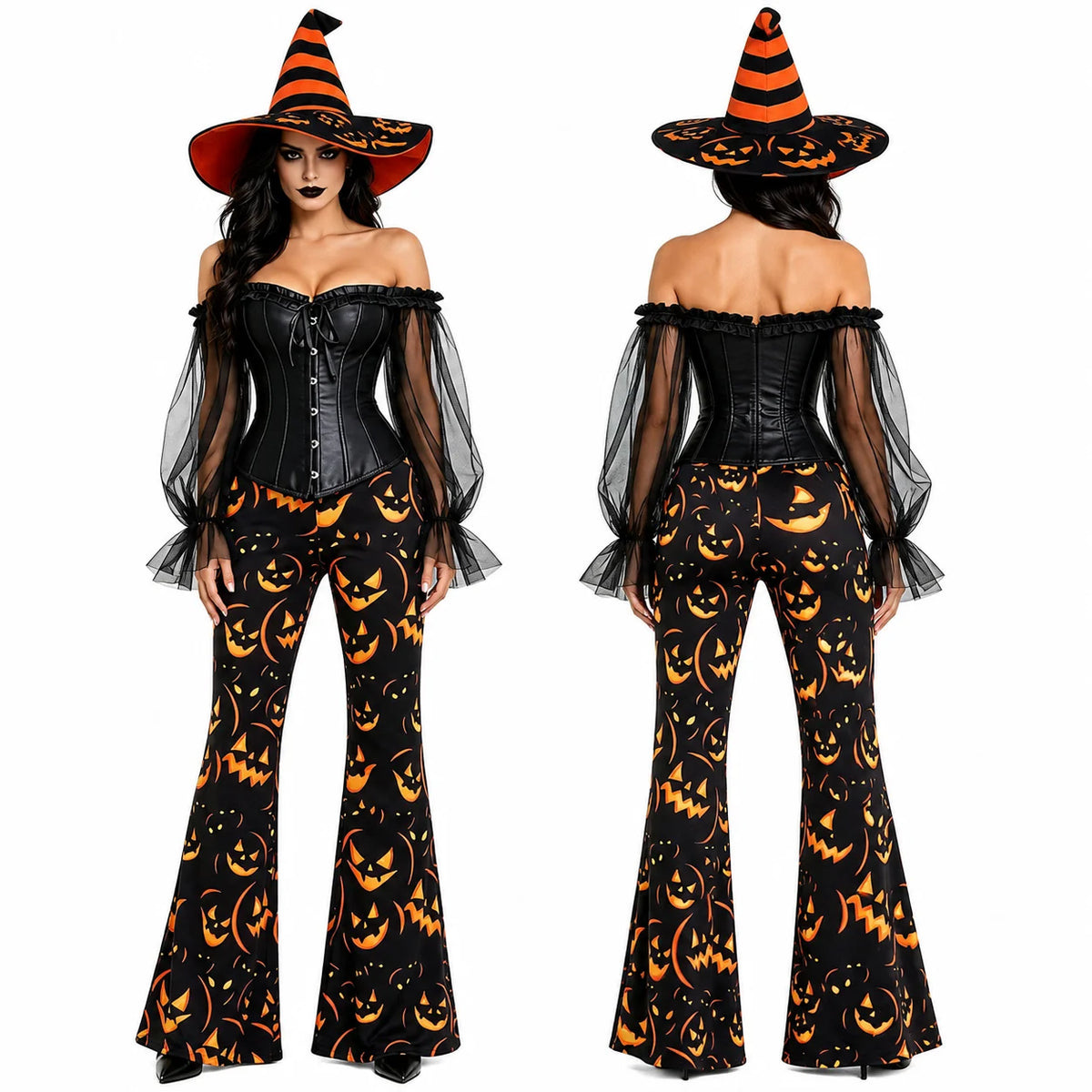 Womens Halloween Witch Cosplay Outfit, Off Shoulder Sheer Mesh Sleeve Corset Top Pumpkin Face Print Flare Pants & Witch Hat for Carnival Costume Party