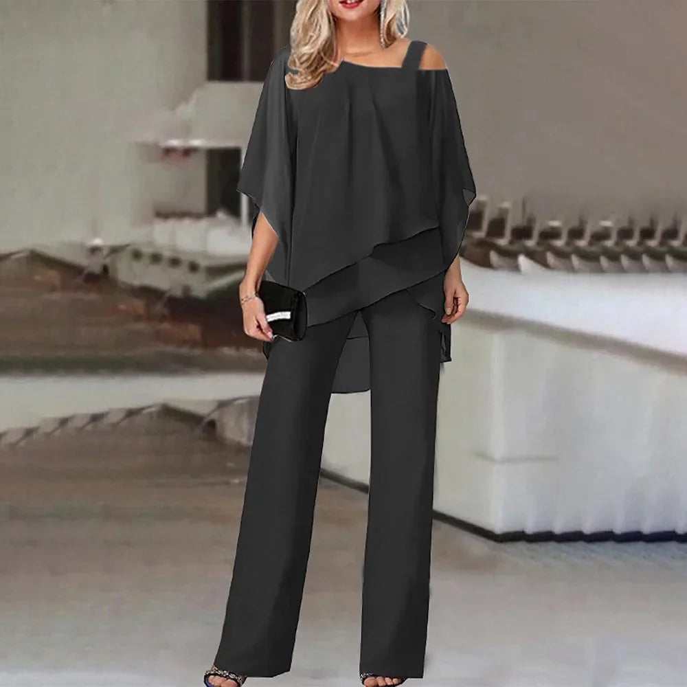 New Matching Collection Fashion Women's Bat Sleeve Top Casual Off Shoulder Party Elegant Wide Leg Pants Women's Two Piece Set