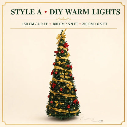 Retractable Foldable Pre‑decorated Christmas Tree with Ornaments Space Saving Storage Xmas Decoration for Holiday Indoor Gift