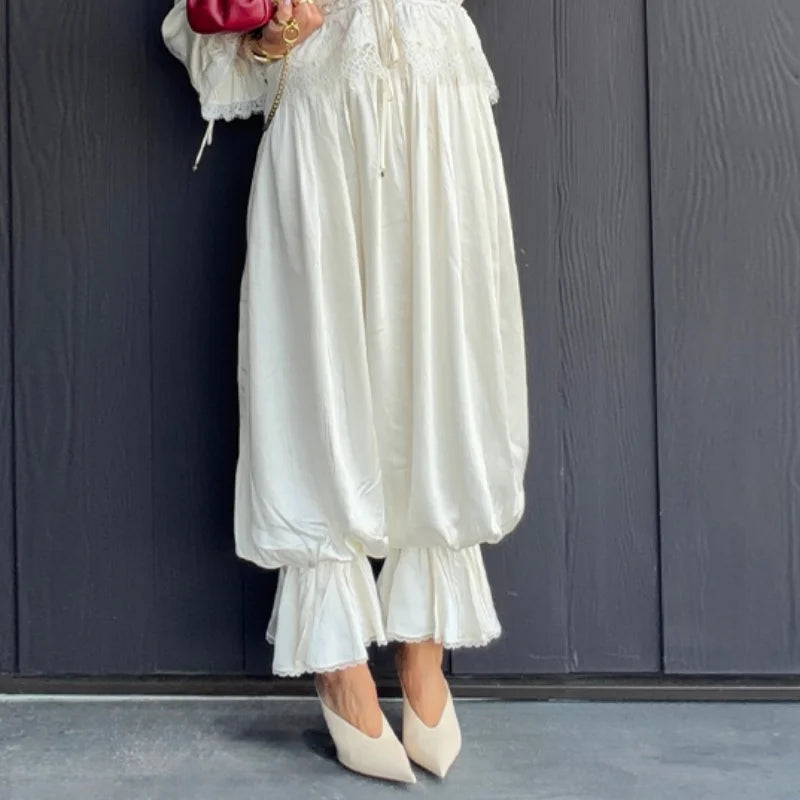 Deep V-Neck Lace Trim Cutout Waist Maxi Dress Elbow-Sleeve Lace Trim Chiffon 2026 Summer Elegant Women Vacation Boho Outfit
