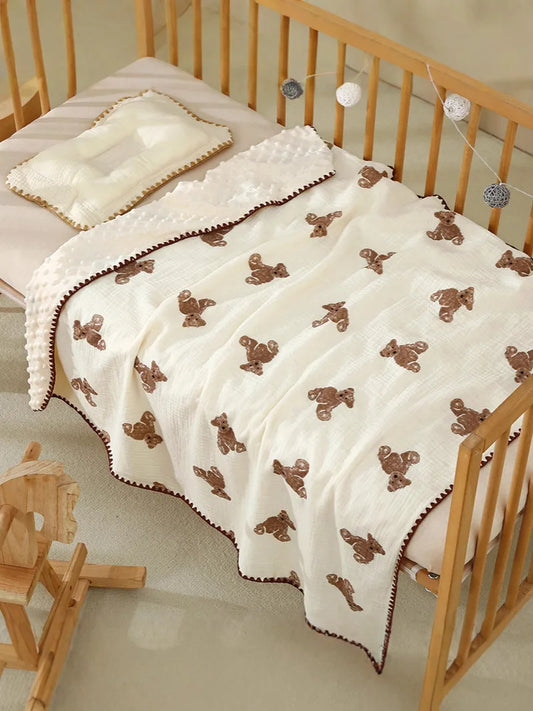 Newborn Bear Print Blanket Pure Cotton Double Gauze Blanket Baby Blanket Bath Towel Baby Blanket Baby Swaddle 100X100CM