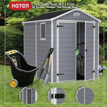 Manor 6x8 Foot All Weather Garden Tool Outdoor Storage Shed with Lockable Double Doors, Fixed Window and Wood-Look, Custom