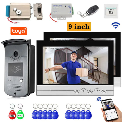  WiFi Video Doorphone Intercom 4 Wire 1V1/1V2 9 inch LCD RFID Camera Doorbell Access Control System APP Unlock W/ Electric Lock