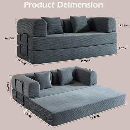 79" Folding Convertible Sofa Bed, Oversized Corduroy Futon Floor Couch, Boneless Loveseat for Small Spaces, Living Room, Bedroom