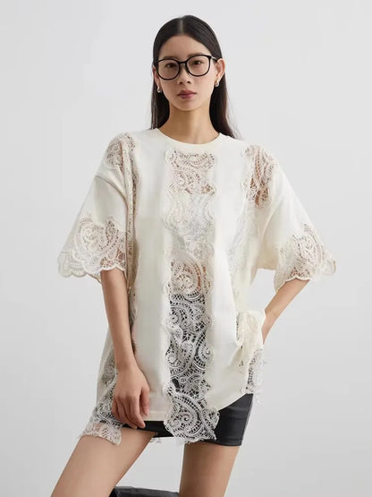 Women White Lace Hollow Out Top Short Sleeve Blouse Crochet Detail Casual Elegant Summer Shirt Fashion Clothing