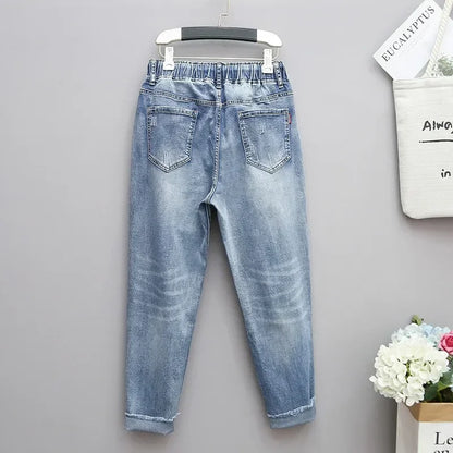 XL-6XL Plus Size jeans for Women Mom Jeans Woman Elastic High Waist Blue Baggy Jeans Denim Ripped Jeans Female Harem Pants