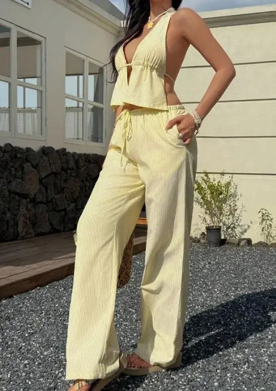 Two Piece Set Women Outfit 2026 Spring Summer New Striped Halter Deep V-Neck Backless Lace Up Vest & Casual Long Pants Set