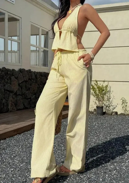 Two Piece Set Women Outfit 2026 Spring Summer New Striped Halter Deep V-Neck Backless Lace Up Vest & Casual Long Pants Set