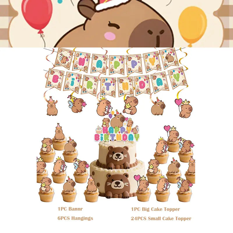 Capybara Decoration Birthday Party Favors Tableware Set Cup Plate Balloons Gift Bags Happy Banner Cake Topper Supplies for Girls