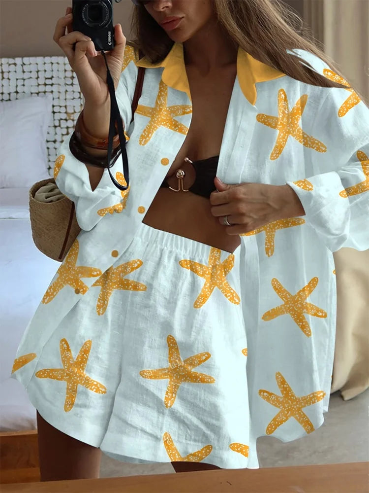Summer Fashion Print Beach Holiday 2-Piece Set Women Long Sleeve Shirt Top+Wide Legs Short Women Oversized Two-Piece Outfit