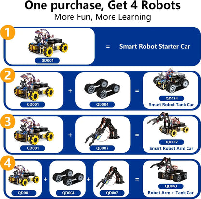 Robotics for Kids Ages 12-16 ACEBOTT 4 in 1 Smart Robot Arm with 5DOF + Tank Car STEM Toys Coding Kit for Arduino Scratch App