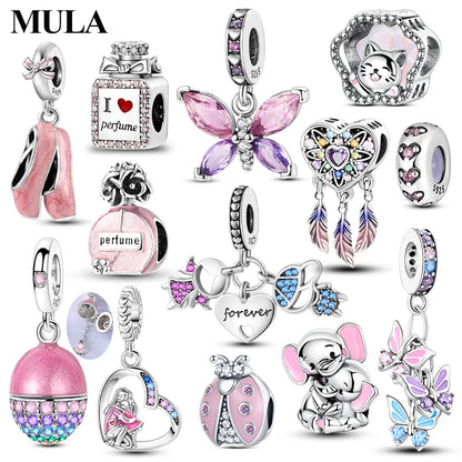 MULA Pink 925 Sterling Silver Charms Pendant Perfume Dreamcatcher Heart Love Beaded Fit Original Bracelet Women DIY Jewelry Gift