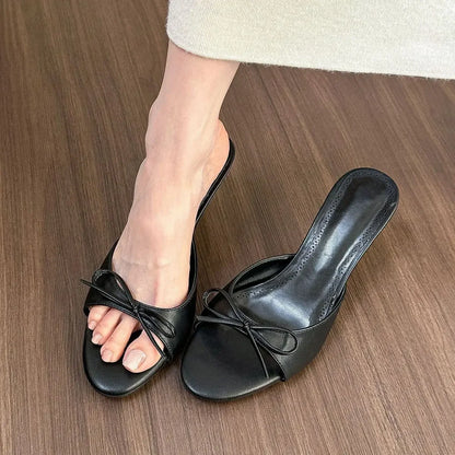 Satin Butterfly-knot Women Slippers Fashion Polka Dot Party Dress Slides Thin High Heel Ladies Elegant Slides Pump