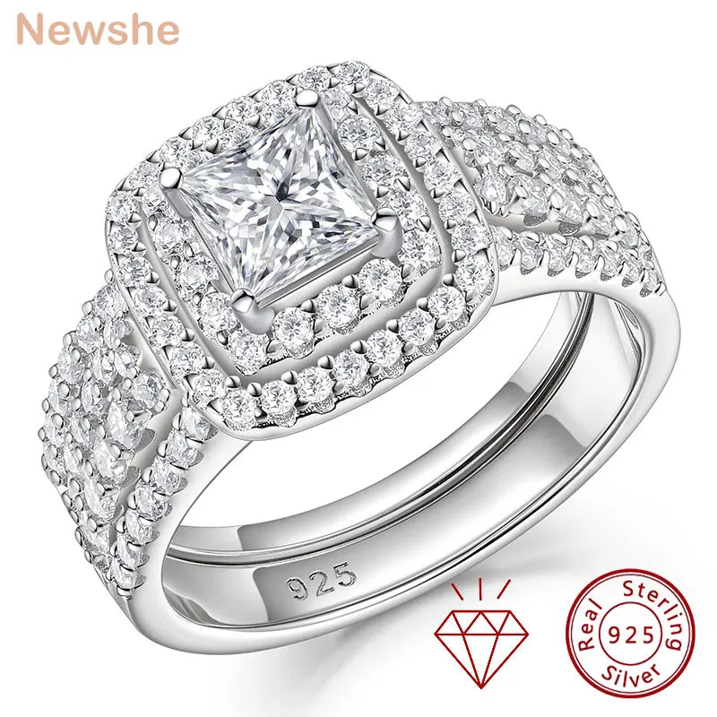 Newshe Certified Moissanite Weddings Ring Set for Women Luxury 925 Sterling Silver Halo Princess Cut Elegant Jewelry