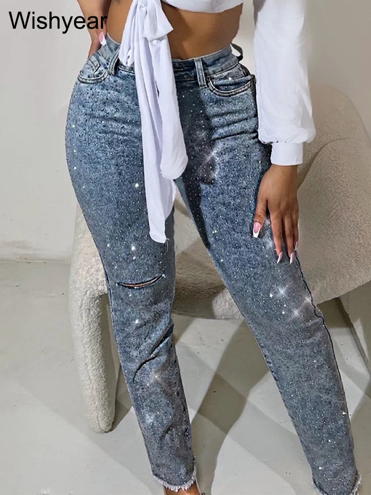 Diamond Distressed Skinny Jeans | Beaded High-Waist Pencil Pants | Women's Y2K Streetwear Denim