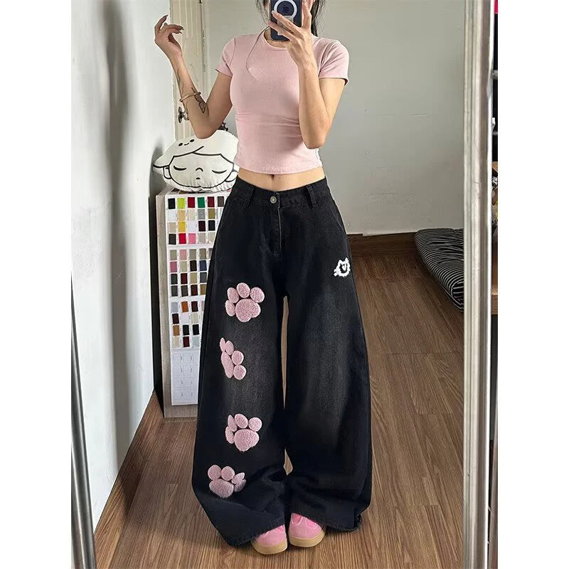 Women Blue Y2k Baggy Embroidery Jeans Aesthetic 2000s Style Boyfriend Jean Pants Vintage Harajuku Oversize Denim Trousers Summer