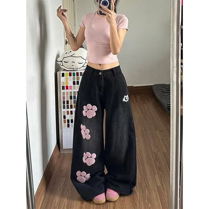 Women Blue Y2k Baggy Embroidery Jeans Aesthetic 2000s Style Boyfriend Jean Pants Vintage Harajuku Oversize Denim Trousers Summer