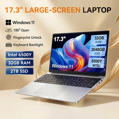 HOT 17.3" Large Screen Laptop Intel 6500Y 32GB 1TB/2TB Windows 11 Lightweight and Portable High-Definition Office Notebook..