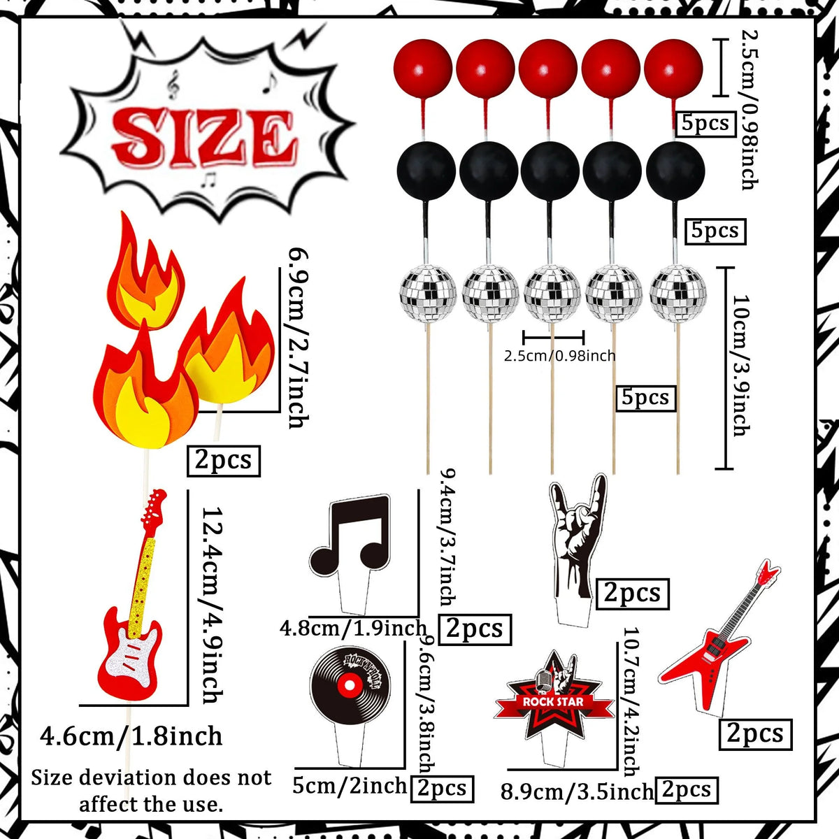 LaVenty Rock Music Cake Topper Black Red Balls Guitar Cake Toppers Music Notes Balls Cake Decoration for Musician Birthday Party