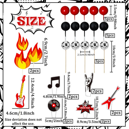 LaVenty Rock Music Cake Topper Black Red Balls Guitar Cake Toppers Music Notes Balls Cake Decoration for Musician Birthday Party