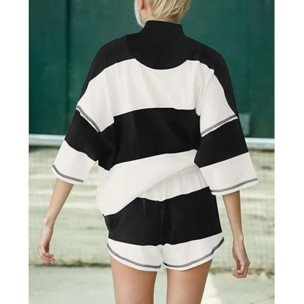 Casual Women's Baseball Sportswear 2-piece Set Summer New Fashion Striped Color Blocked Loose T-shirt And Shorts Two Piece Set