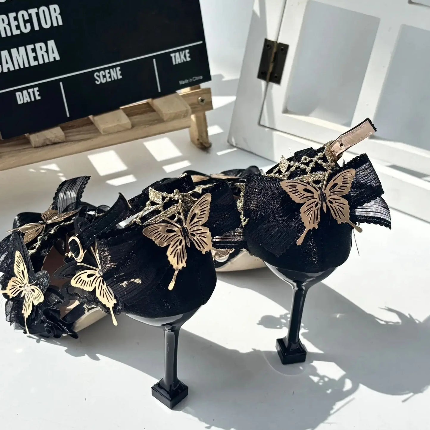 Ladies Gothic Lolita High Heels Handmade Black&Gold Pointed Toe Slip-On with Lace 5-8cm Stiletto Heel cute shoes  wedding shoes