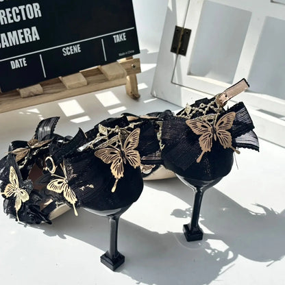 Ladies Gothic Lolita High Heels Handmade Black&Gold Pointed Toe Slip-On with Lace 5-8cm Stiletto Heel cute shoes  wedding shoes