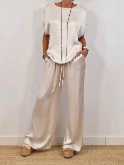 Simple Satin Women's Suits Summer Fashion Short sleeve Loose Blouse Wide Leg Pants Two Piece Set For Women Casual Outfits