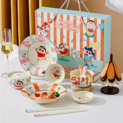 New 1Set/5Pcs Cartoon Anime Crayon Shin Chan Ceramics Gift Box Set Breakfast Home Office Rice Bowl Plate Beautiful Kid Mug Gift