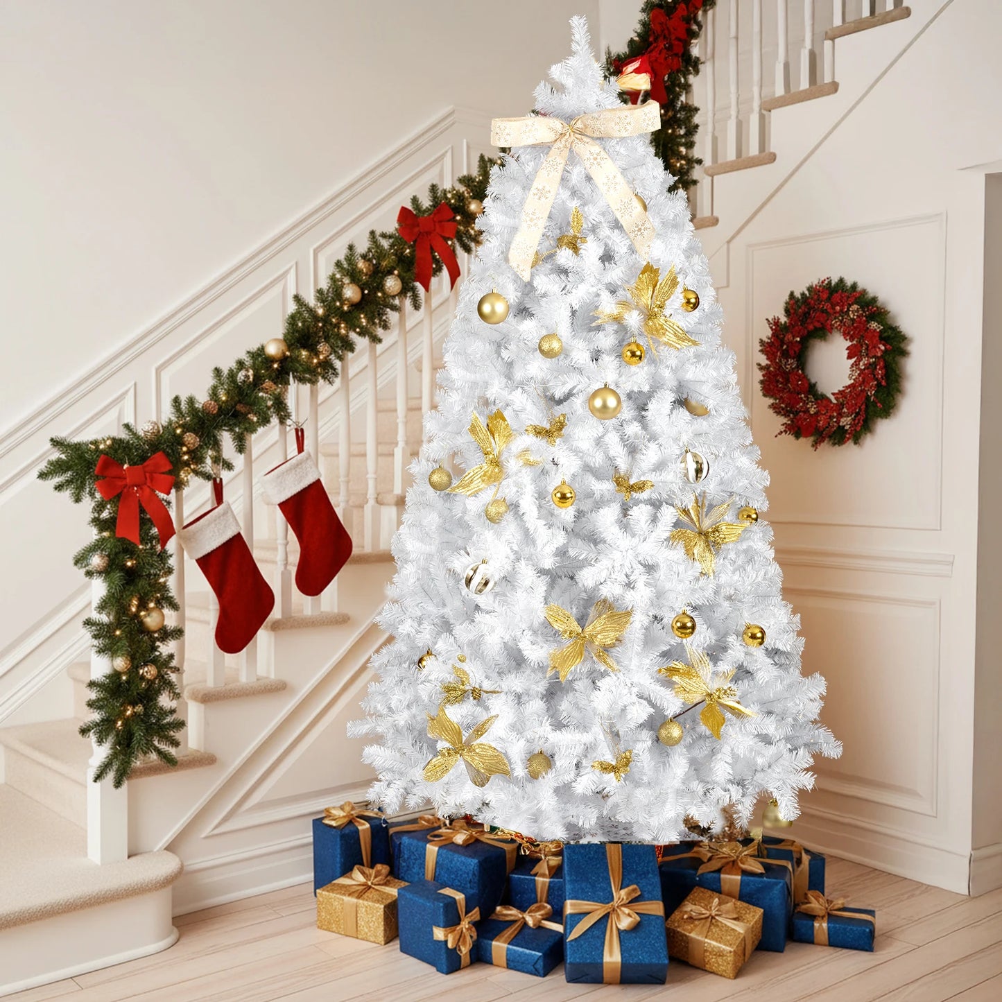 7.5FT White Pre‑lit Artificial Christmas Tree, Hinged Xmas Tree with 400 Warm White LED Lights Remote Control, 1600 Branch Tips with Tree Skirt Bow Gold Ornaments for Home Holiday Decor