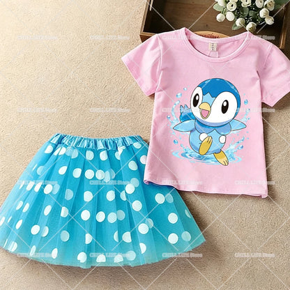 Kawaii Pikachu Eevee T-Shirt Skirt 2pcs Set Pokemon Jigglypuff Toddler Short Sleeve Tee Polka Dot Tutu Skirts Kids Clothes Set